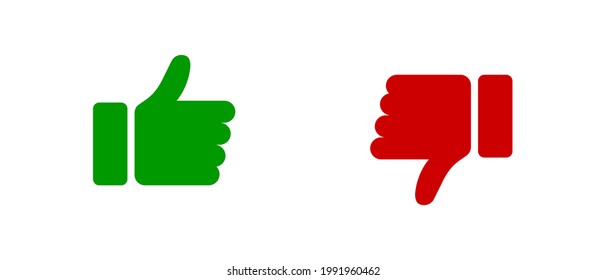 Thumb up and thumb down icons set in green and red colors. Like and dislike icon. Flat style - stock vector EPS 10