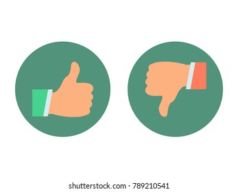 Thumb up and down icons set. Like and dislike. Simple buttons with user feedback for social network, mobile app. Vector illustration round icons in a flat style isolated on white background.
