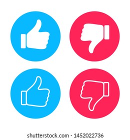 Thumb up and down, inscribed in circles. Like icon. Set of thumb up and down icons for use in advertising, marketing, social networks, interface, apps and web design.