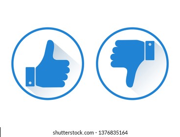 Thumb up and down. Like and dislike. Blue round icon with shadow. Vector illustration