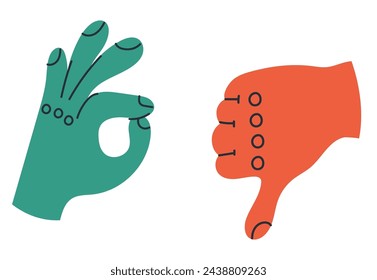 Thumb up and down like dislike button concept. Vector flat graphic design illustration