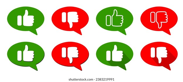 Thumb up and thumb down. Like and dislike buttons. Positive and negative opinion. Red and green speech bubbles. Do's and don'ts icons