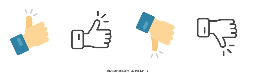 Subir hacia abajo como no me gusta el icono vector gráfico simple pictograma, aprobación de dedo desaprobación símbolo de arte de contorno delgado plano línea delgada, negar el rechazo y aceptar buen gesto, corregir imagen de clipart incorrecta