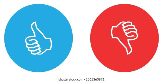 Thumb up and thumb down, like and dislike vector icon set in blue and red circle. Like and dislike icons buttons. Flat design. Vector illustration.