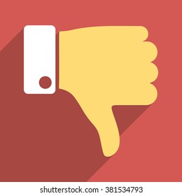 Thumb Down long shadow vector icon. Style is a flat light symbol on a red square background.