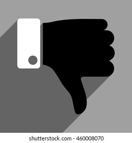 Thumb Down long shadow vector icon. Style is a flat thumb down black and white iconic symbol on a gray square background.