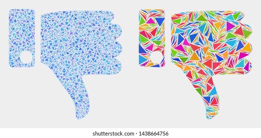 Thumb down mosaic icon of triangle elements which have various sizes and shapes and colors. Geometric abstract vector illustration of thumb down.