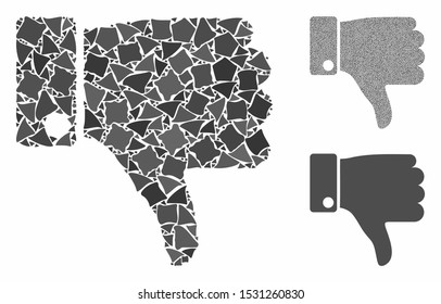 Thumb down mosaic of irregular items in various sizes and color hues, based on thumb down icon. Vector ragged items are united into mosaic. Thumb down icons collage with dotted pattern.