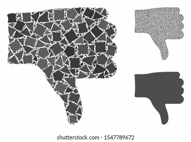 Thumb down mosaic of unequal elements in variable sizes and color tints, based on thumb down icon. Vector tremulant elements are united into collage. Thumb down icons collage with dotted pattern.