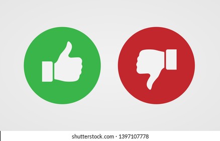 Thumb up and down on a background of green and red circles. Vector illustration.