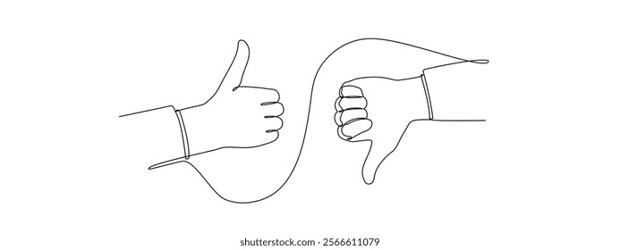 Thumb up and down in one continuous line. A symbol of good and evil. Positive and negative gesture in one-line style . Vector editable stroke