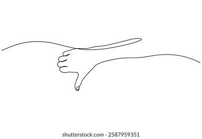 Thumb down in one continuous line. Symbol of evil. Negative gesture showing dislike in a one-line style, Negative finger in editable stroke. Doodle contour vector illustration.