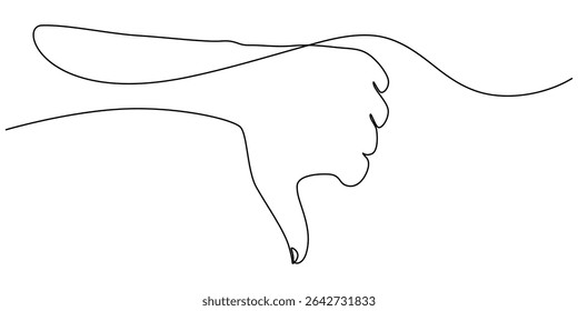 Thumb down in one continuous line. Symbol of evil. Negative gesture showing dislike in a one-line style. Vector editable stroke, Vector continuous one single line drawing icon of hand thumb down.