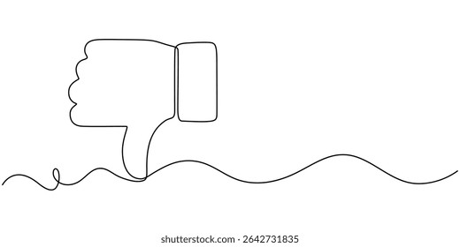 Thumb down in one continuous line. Symbol of evil. Negative gesture showing dislike in a one-line style. Vector editable stroke, Vector continuous one single line drawing icon of hand thumb down.