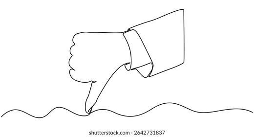 Thumb down in one continuous line. Symbol of evil. Negative gesture showing dislike in a one-line style. Vector editable stroke, Vector continuous one single line drawing icon of hand thumb down.