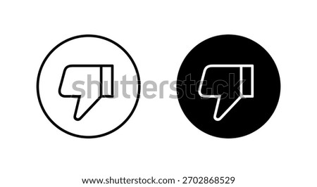Thumb down outline icon in black circle. Dislike, disapproval, or bad rating symbol