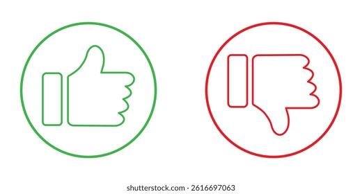 Thumb up and down outline icon isolated on white background. Like and dislike social media icon. Outline positive and negative buttons. Green Thump Up and Red Thump Down or Like and Dislike buttons. 