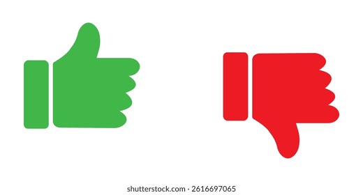 Thumb up and down outline icon isolated on white background. Like and dislike social media icon. Outline positive and negative buttons. Green Thump Up and Red Thump Down or Like and Dislike buttons. 