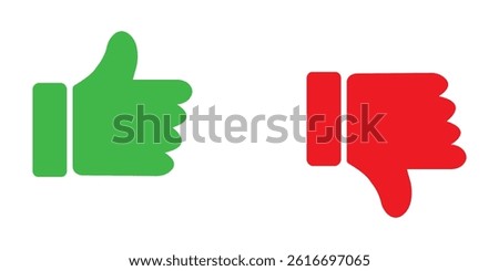 Thumb up and down outline icon isolated on white background. Like and dislike social media icon. Outline positive and negative buttons. Green Thump Up and Red Thump Down or Like and Dislike buttons. 