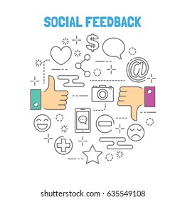 thumb up and thumb down outline vector with social application icons, social media feedback concept, editable stroke