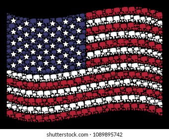 Thumb down pictograms are organized into waving United States flag stylization on a dark background. Vector composition of USA state flag is done with thumb down elements.