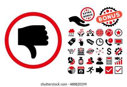 Thumb Down pictograph with bonus pictogram. Vector illustration style is flat iconic bicolor symbols, intensive red and black colors, white background.