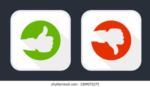 Thumb up and down red and green icons. A like and dislike square buttons in flat design. Vector illustration.