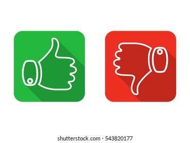 Thumb up and down red and green icons. Vector illustration. I like and dislike square buttons in flat design.