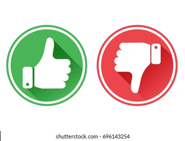 Thumb up and down red and green icons buttons. Like and dislike. Vector illustration.
