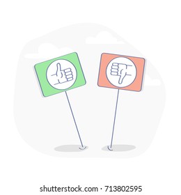 Sube y baja iconos rojos y verdes. Ilustración vectorial. Tabletas Like y Dislike, botones en diseño de línea plana. Plantilla de marketing de medios sociales.