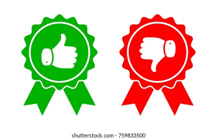 Thumb up and down red and green icons. Vector illustration. I like and dislike round buttons in flat design.