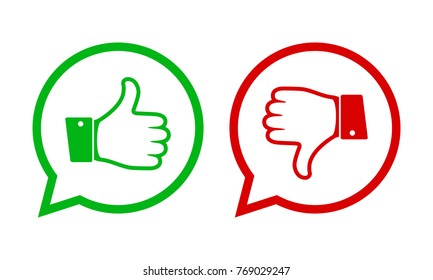 Thumb up and down red and green icons. Vector illustration. I like and dislike round buttons in flat design.