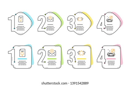 Thumb down, Reject mail and Star icons simple set. Car service sign. Decline file, Delete letter, Favorite. Repair service. Infographic timeline. Line thumb down icon. 4 options or steps. Vector