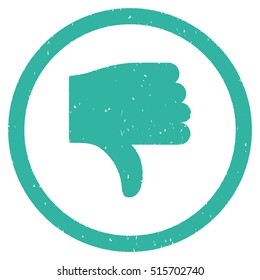 Thumb Down rubber seal stamp watermark. Icon symbol inside circle frame with grunge design and unclean texture. Scratched vector cyan ink emblem on a white background.