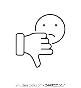 Thumb Down With Sad Emoticon Line Icon. Bad Feedback, Dislike Emoji Linear Pictogram. Unlike Outline Symbol For Social Media. Disagree Sign. Editable Stroke. Isolated Vector Illustration.