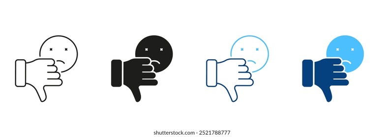 Pulgar hacia abajo con la línea triste del emoticono y el sistema del icono de la silueta. Mal Comentarios, No Me Gusta El Pictograma Emoji. A Diferencia Del Símbolo De Las Redes Sociales. Signo de desacuerdo. Trazo Editable. Ilustración vectorial aislada.
