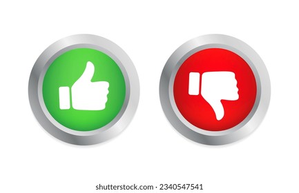 Thumb up and thumb down sign. 3D glossy red and green button. Social media like icons. Up and down index finger sign. Vector illustration