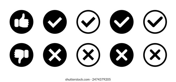 Thumb up and thumb down sign. Check mark and cross mark icon set. Vector illustration