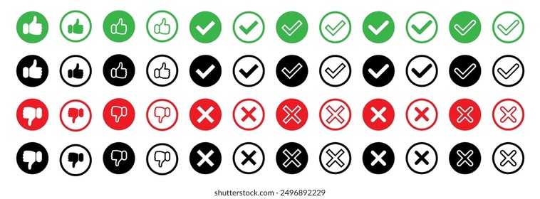 Pulgar arriba y pulgar abajo signo. Marca de verificación y conjunto de iconos de marca cruzada. Ilustración vectorial