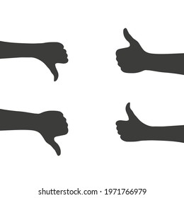 Thumb up and thumb down sign. Silhouettes hands. Vector illustration