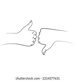 Thumb up and thumb down simple line drawing isolated Vector illustration.Two hands with thumbs up and down liner Minimalistic art.Like and unlike business sketch symbols.
