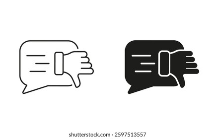 Thumb Down With Speech Bubble. Negative Review, Bad Feedback Line and Silhouette Icon Set. Disappointed Customer Pictogram. Dislike Symbol. Editable Stroke. Isolated Vector Illustration.