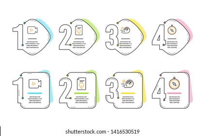 Thumb down, Speedometer and Video camera icons simple set. Travel compass sign. Decline file, Time concept, Movie or cinema. Trip destination. Technology set. Infographic timeline. Vector