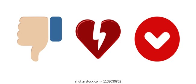 Thumb down symbol, finger down icon vector illustration. Broken heart. Down vote.