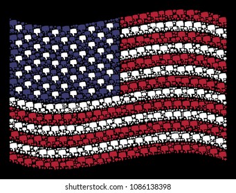 Thumb down symbols are grouped into waving United States flag stylization on a dark background. Vector collage of America state flag is organized of thumb down items.