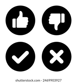 Thumb up down, tick, and cross icon on black circle. Like, dislike, check, and x mark concept