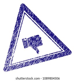 Thumb down triangle stamp seal. Vector element with grainy design and scratched texture in blue color. Designed for overlay watermarks and grunge textured rubber seal imitations.