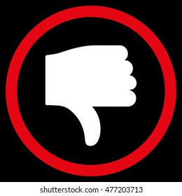 Thumb Down vector bicolor rounded icon. Image style is a flat icon symbol inside a circle, red and white colors, black background.