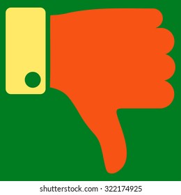 Thumb Down vector icon. Style is bicolor flat symbol, orange and yellow colors, rounded angles, green background.