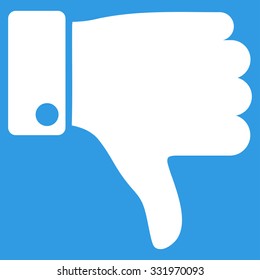 Thumb Down vector icon. Style is flat symbol, white color, rounded angles, blue background.